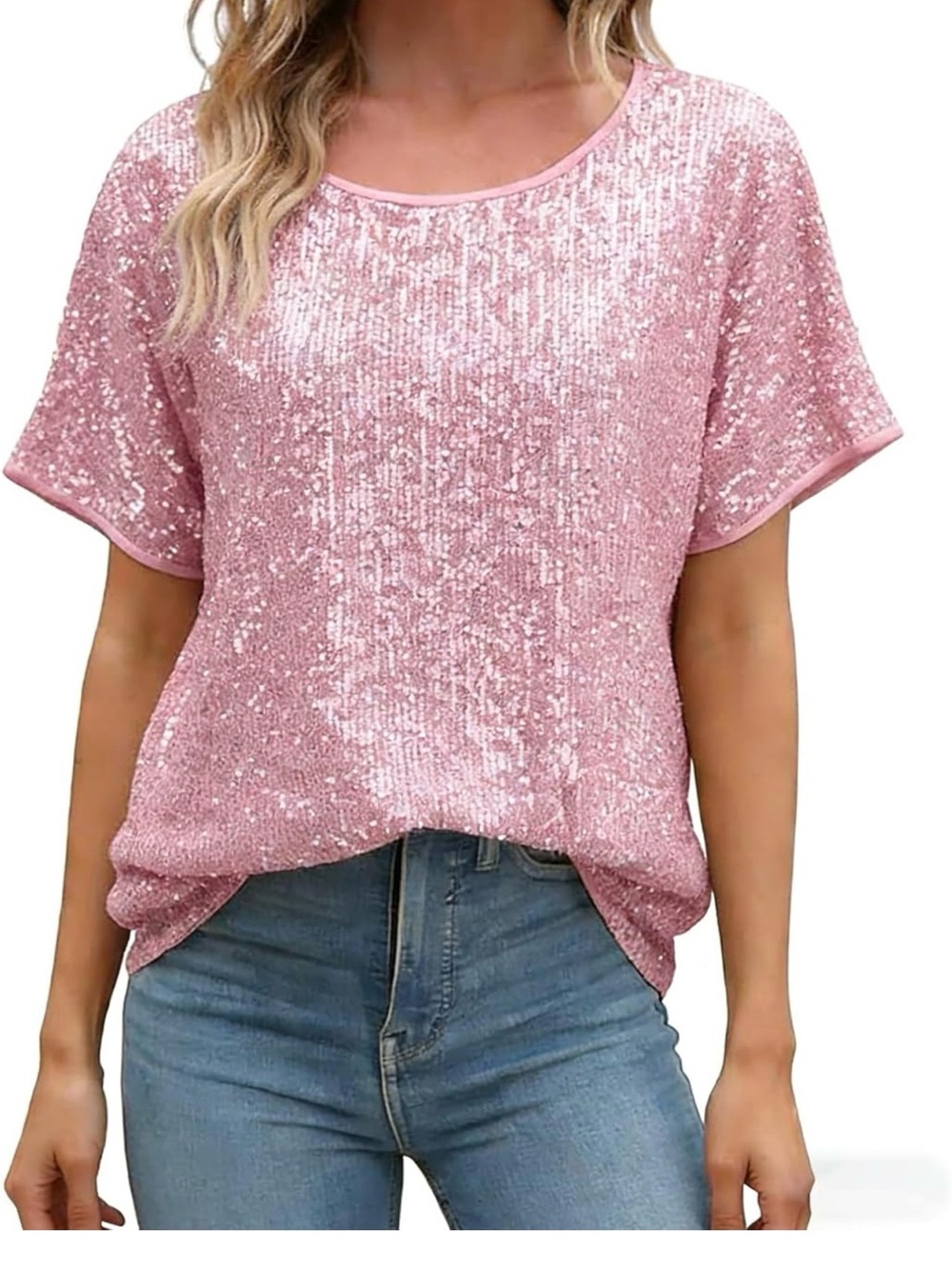Sequin Short Sleeve Women's Top - Pink